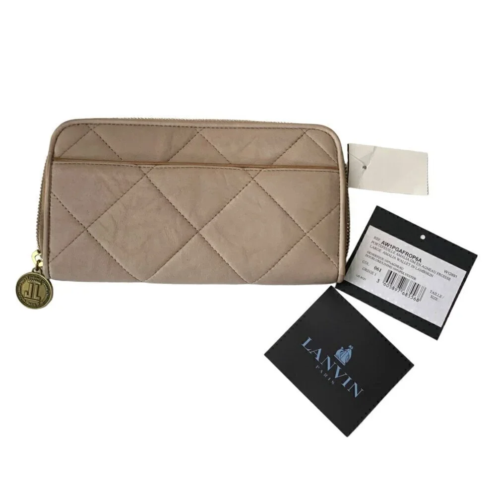 NWT LANVIN Amalia Large Zip Around Continental Wallet Tan Leather Quilted Cards
